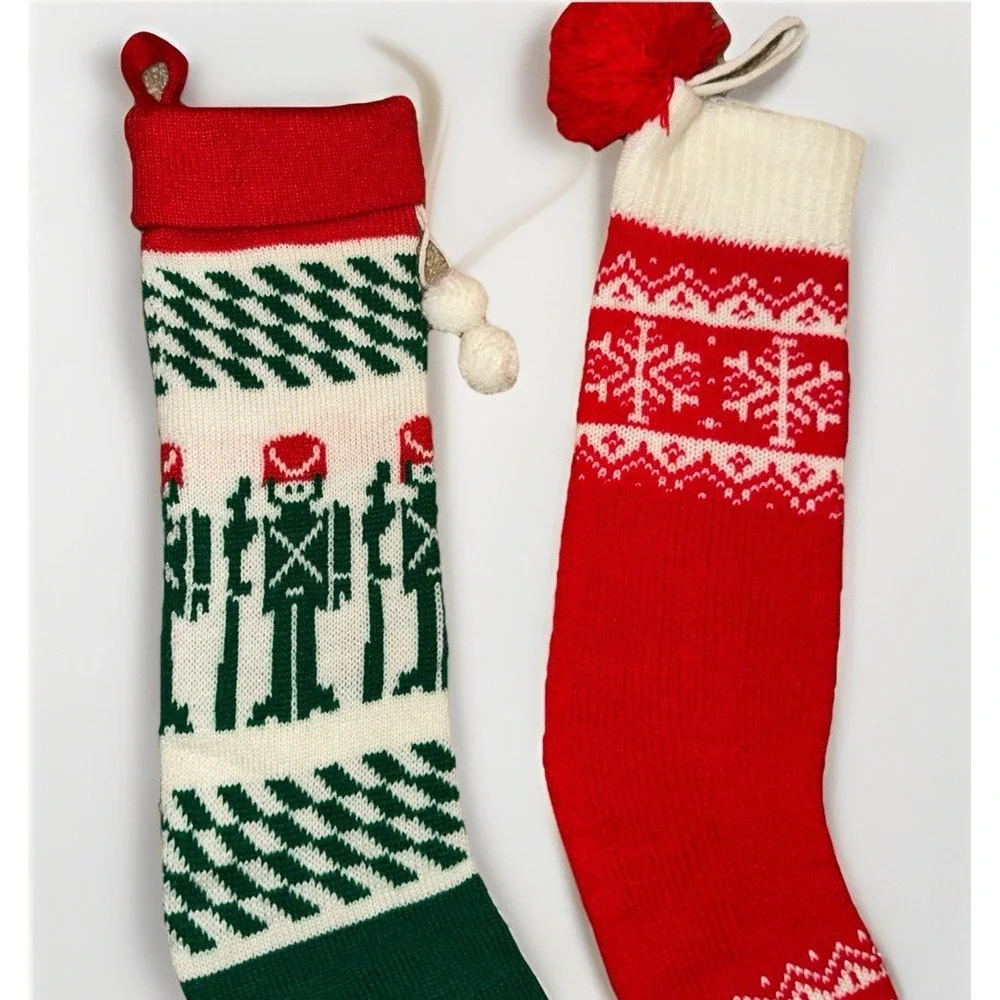 Vintage Knit Sweater‎ Style Christmas Stockings Lot of 4 Red Green White Kitschy
